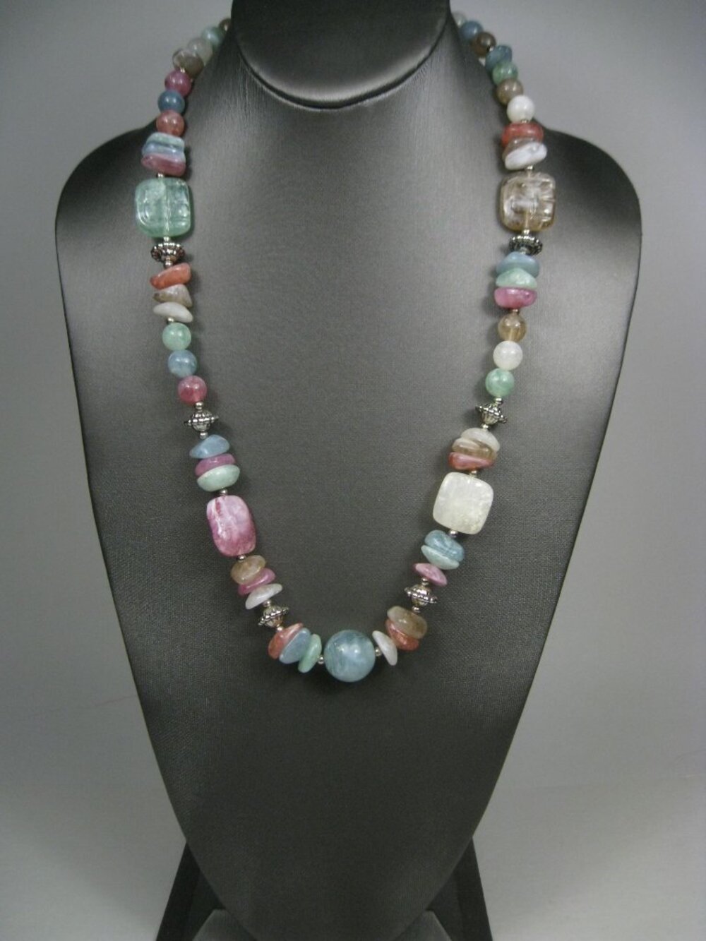 Faux Stone Plastic Beaded Necklace Multicolor Silver Tone Boho Beach Pastel